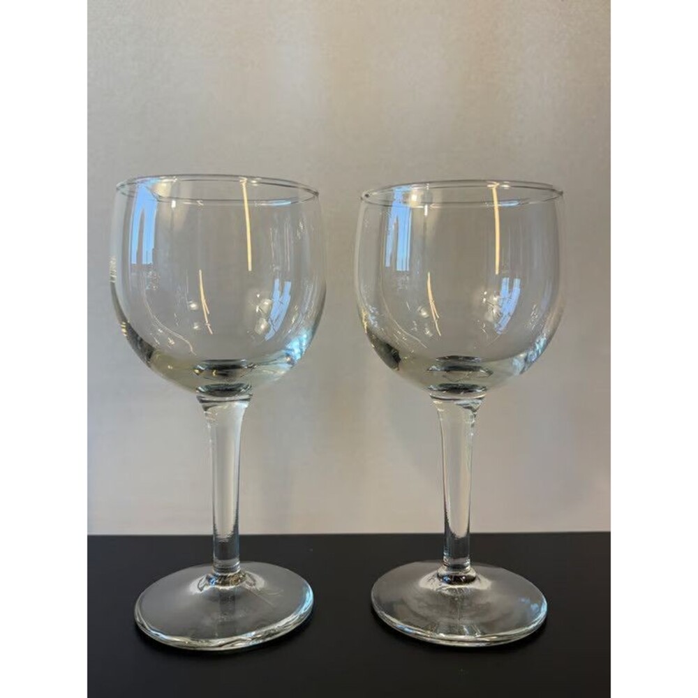 Pair Clear Wine Glasses Round Bowl Plain Drawn Stem Vintage Stemware